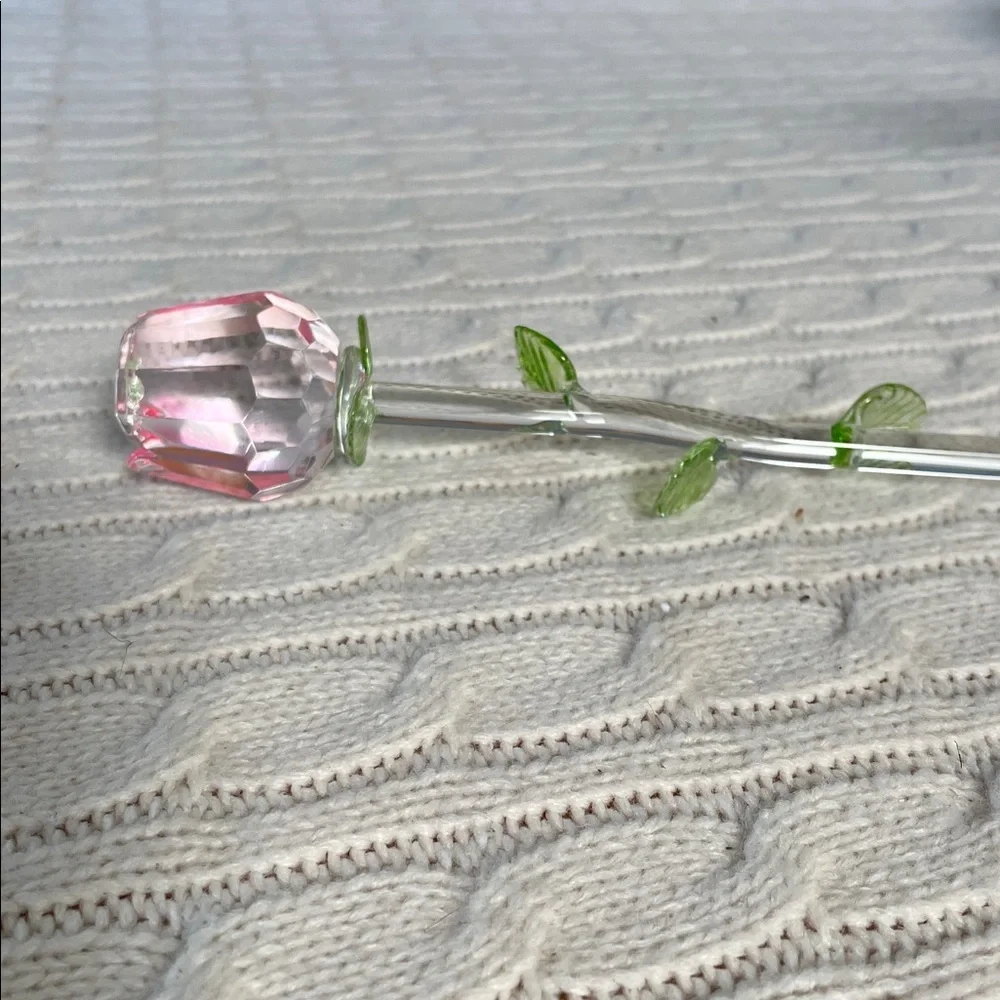 13.25” glass single stem rose w/ leaves.  Clear pink and green no chips/cracks
